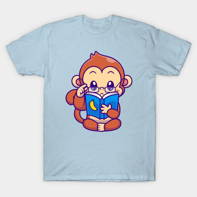 Cute Monkey Reading Book Banana With Glasses Cartoon T-Shirt by Catalyst Labs